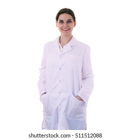 Smiling female doctor assistant scientist in white coat over white isolated background with arms in pockets, healthcare, profession, science and medicine concept