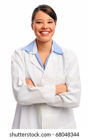 Smiling female doctor in white coat, isolated on white