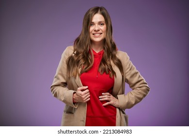 Smiling Female Model In Warm Fall Coat. Isolated Advertising Portrait.