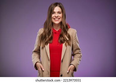 Smiling Female Model In Warm Fall Coat. Isolated Advertising Portrait.