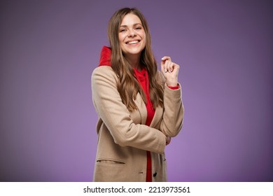 Smiling Female Model In Warm Fall Coat. Isolated Advertising Portrait.