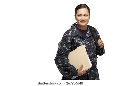 Smiling Female Navy Sailor With Shoulder Bag And Books