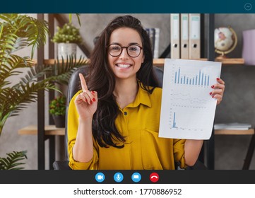 Smiling Female With Stack Of Paperwork Documents And Reports By Video Call From Home Office