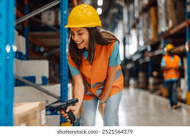 A smiling female warehouse worker effectively manages precise inventory with a handheld scanner, showcasing a blend of technology and manual labor for efficient operations. - Powered by Shutterstock