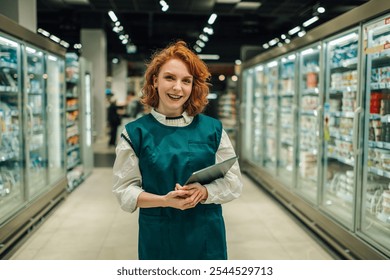 Smiling female worker wearing uniform and holding digital tablet while working in supermarket, ensuring efficient inventory management and stock control - Powered by Shutterstock