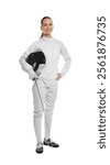 Smiling fencer with protective mask and epee on white background