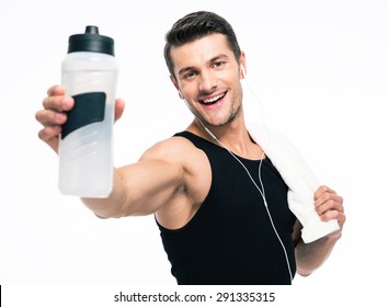 Smiling Fitness Man Holding Towel And Bottle With Water Isolated On A White Background