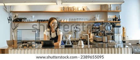 Smiling friendly asian girl barista, wearing apron, working at counter, brewing filter coffee, managing cafe shop.