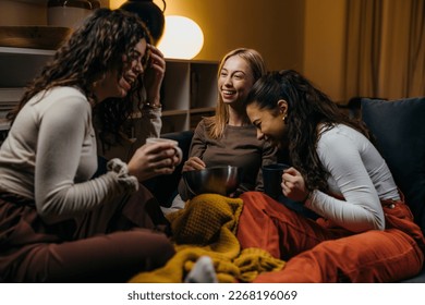 Smiling friends are spending the evening together
