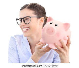 smiling fun woman with piggy bank isolated on white background