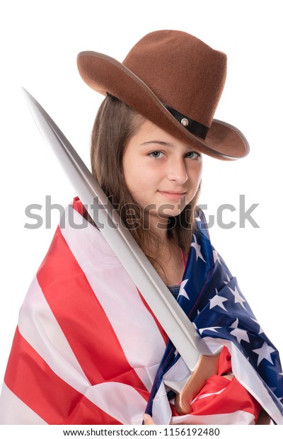 Smiling Girl American Flag Sword Isolation Stock Photo
