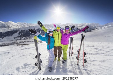 Smiling Girl In Blue Jacket Skiing Alps Resort