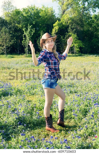 Smiling Girl Cowboy Hat Boots Standing Stock Photo (Edit Now) 609710603