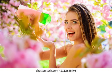 Smiling Girl With Hair Balsam. Beautiful Woman With Organic Cosmetics For Hair. Haircare, Skincare.