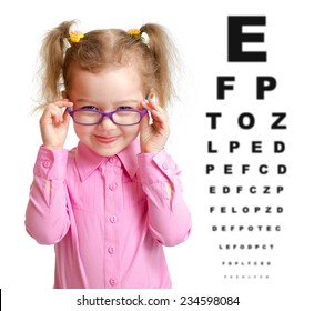 Smiling Girl Putting On Glasses With Blurry Eye Chart Behind Her