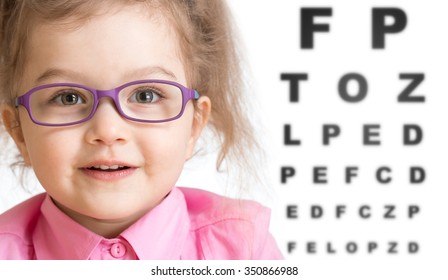 Smiling Girl Putting On Glasses With Blurry Eye Chart Behind Her