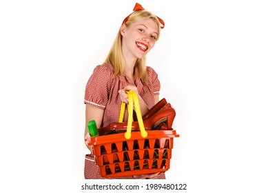 Smiling Girl With Shopping Basket. Happy Woman At Supermarket. Buying Spree. Female With Shopping Cart.