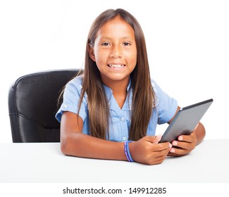 Smiling Girl Using A Tablet On A White Background