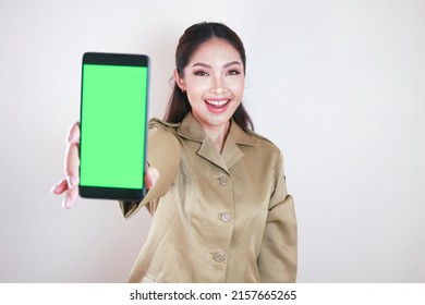 Smiling Government Worker Women Showing Blank Screen On Smartphone. PNS Wearing Khaki Uniform.