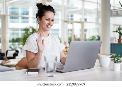 Smiling Greeting Remote Working Woman Waving Stock Photo 2113872989 