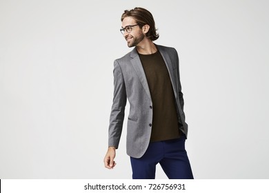 Smiling In Grey Suit Jacket And Glasses, Studio