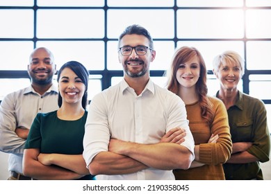 Smiling Group Of Confident Diverse And Modern Business People, Standing, Arms Crossed With Leadership Quality. Professional Team Of Work Colleagues Proud With Unity Together In Modern Office