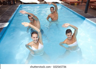 Smiling group doing aqua aerobics in swimming pool