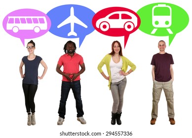 Smiling Group Of Young People Choosing Bus, Train, Car Or Plane