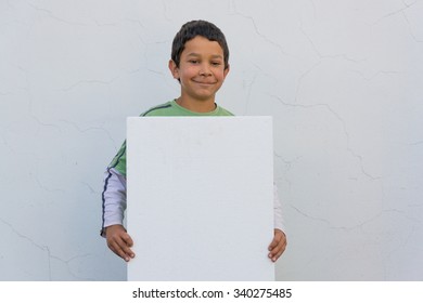 Smiling Gypsy Child Boy Holding White Banner