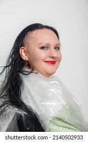 Smiling With Half Shaved Head Brunette Woman With Bright Makeup In Barber Chair. Vertical Photo