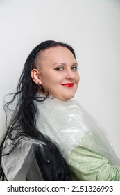 Smiling With Half Shaved Head Brunette Woman With Bright Makeup In Barber Chair. Vertical Photo