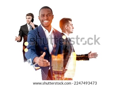 Smiling handsome businessmen wearing formal suits standing stretching out hands for handshake. City skyscrapers in background. Concept of model, successful business person, colleague greeting
