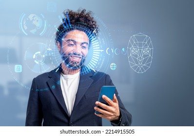 Smiling handsome middle eastern businessman wearing formal wear is taking selfie via smartphone. Hologram with face, pie diagram, virtual globe. Concept of facial recognition, biometric scanning