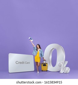 Smiling Happy Asian Tourist Woman And Credit Card With 0% Interest Installment Payment Plan Promotion Against Purple Background With Copy Space