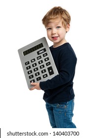 Smiling happy boy with a bid calculator shot in the studio on a white background.