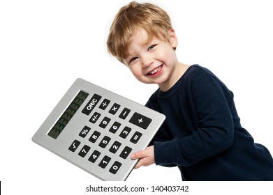 Smiling happy boy with big calculator shot in the studio on a white background.