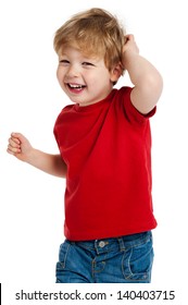 Smiling happy boy in red T shirt shot in the studio on a white background.
