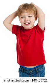 Smiling happy boy in red T shirt  shot in the studio on a white background.