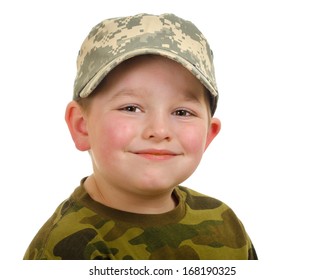 Smiling Happy Boy Wearing Camo Hat And Shirt