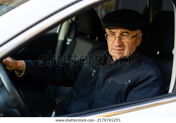 Smiling happy elderly\
man in the new car