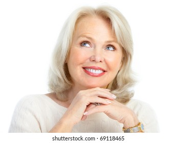 Smiling Happy Elderly Woman. Isolated Over White Background