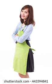 Smiling, Happy, Positive, Confident Female Staff, Employee, Shop Keeper, Service Staff Or Worker With Apron, Studio Isolated Asian Woman Model.