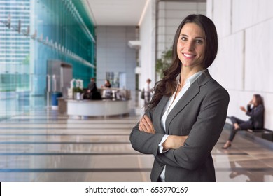 Smiling Happy Successful Management At Hotel Business, Bank Or Executive Office Space