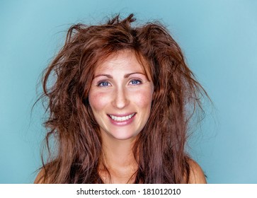 Smiling Happy Woman With Crazy Hair