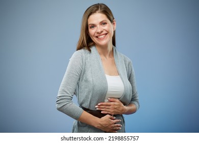 Smiling Happy Woman No Problem With Stomach, Healthy Life Concept, Isolated Portrait.