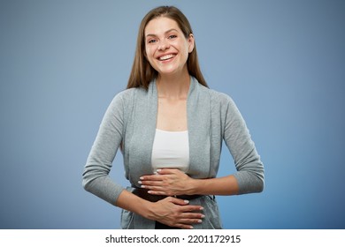 Smiling Happy Woman No Problem With Stomach, Healthy Life Concept, Isolated Portrait.