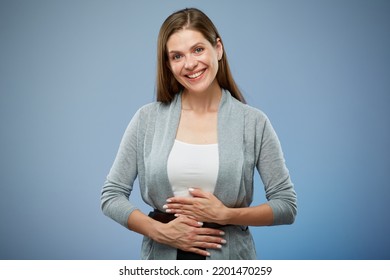 Smiling Happy Woman No Problem With Stomach, Healthy Life Concept, Isolated Portrait.