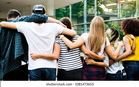 Smiling Happy Young Adult Friends Arms Around Shoulder Outdoors Friendship And Connection Concept