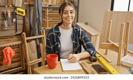 Smiling hispanic woman drafting plans in a well-organized carpentry workshop. - Powered by Shutterstock