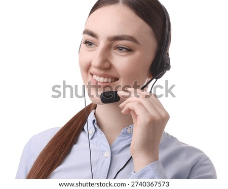 Smiling hotline operator in headset on white background